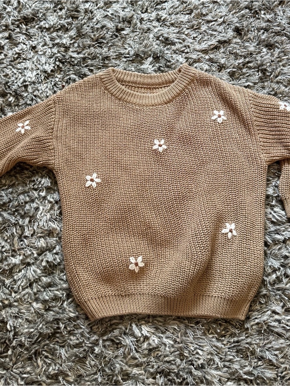 Amazon Girls Tan Knit Sweater with White Flower Appliques